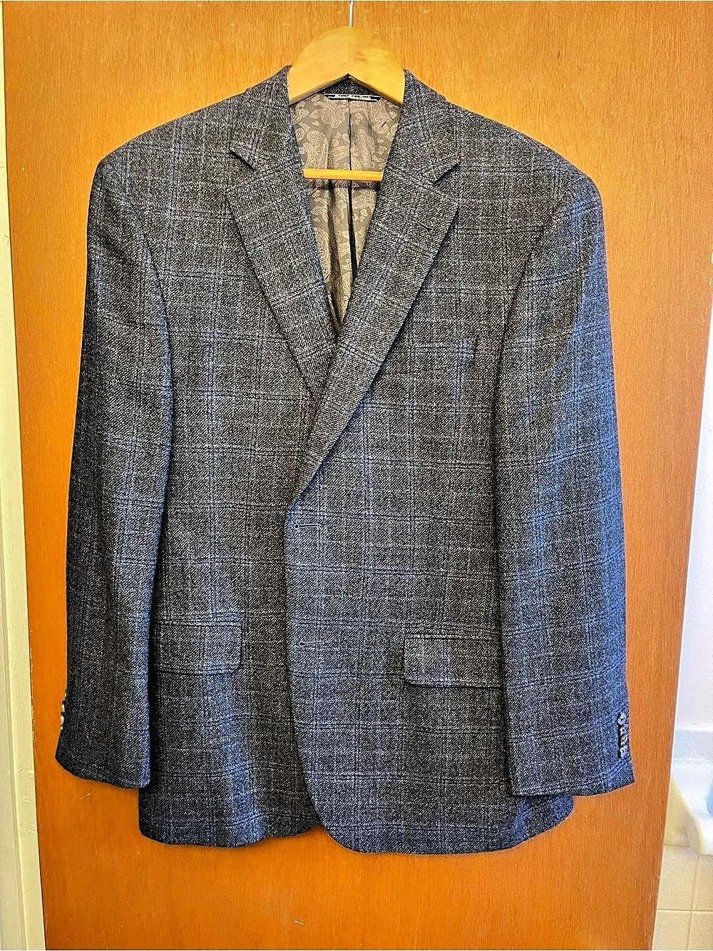 Jack Victor Men's 42R Sport Coat Jacket Gray Black Blue Windowpane Tweed Wool